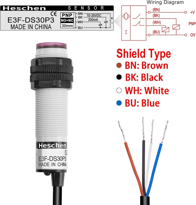 Heschen M18 Column Infrared Photoelectric Proximity Switch, Diffuse Reflection Type, E3F-DS30P3, Detection Distance 10-30CM, 10-30VDC 200mA, PNP NO+NC, 4 Wire - Image 3